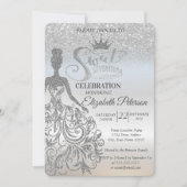 Silver Glitter Bokeh Ombre, Dress, Tiara, Sweet 17 Kaart (Voorkant)
