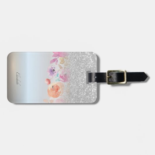 Silver Glitter Bokeh Ombre, Floral-Personalized Bagagelabel (Voorkant horizontaal)