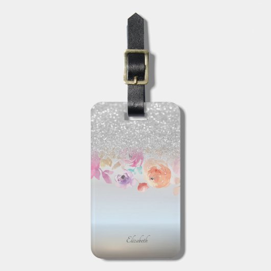 Silver Glitter Bokeh Ombre, Floral-Personalized Bagagelabel (Voorkant verticaal)