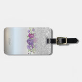 Silver Glitter Bokeh Ombre, Flowers - Gepersonalis Bagagelabel (Voorkant horizontaal)