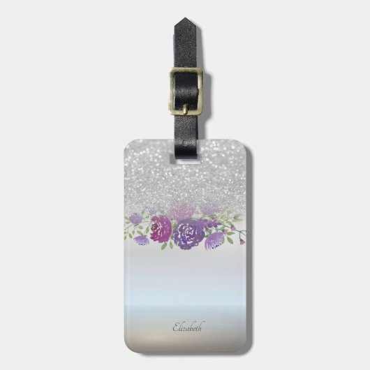Silver Glitter Bokeh Ombre, Flowers - Gepersonalis Bagagelabel (Voorkant verticaal)