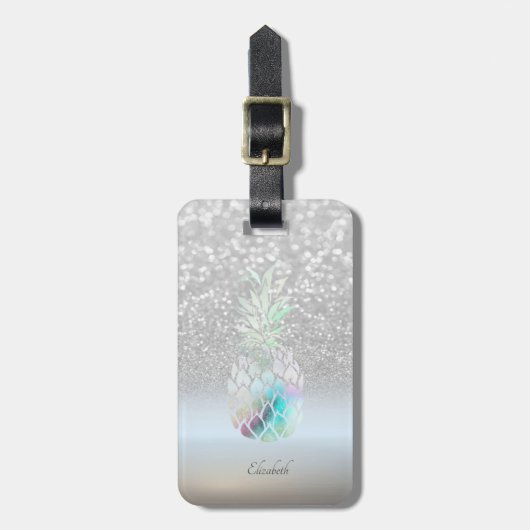 Silver Glitter Bokeh Ombre, Pineapple - Gepersonal Bagagelabel (Voorkant verticaal)