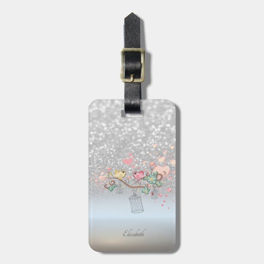 Silver Glitter Bokeh Ombre, Vogels - Gepersonalise Bagagelabel (Voorkant verticaal)