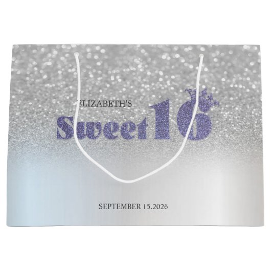 Silver Glitter Bokeh Sweet 16 Crown Groot Cadeauzakje (Voorkant)