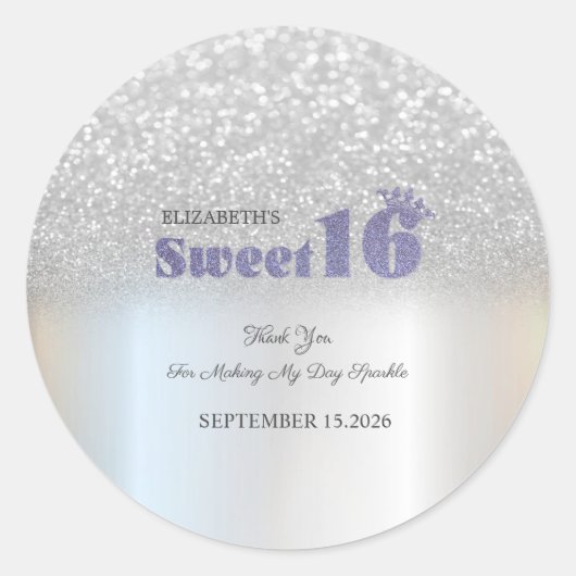 Silver Glitter Bokeh Sweet 16 Crown Ronde Sticker (Voorkant)