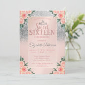 Silver Glitter Bokeh, Tiara Floral Sweet 16 Party Kaart (Staand voorkant)
