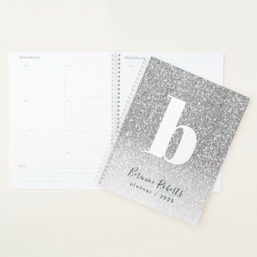 Silver Glitter Bold Typography Monogram Annual Planner (Display)