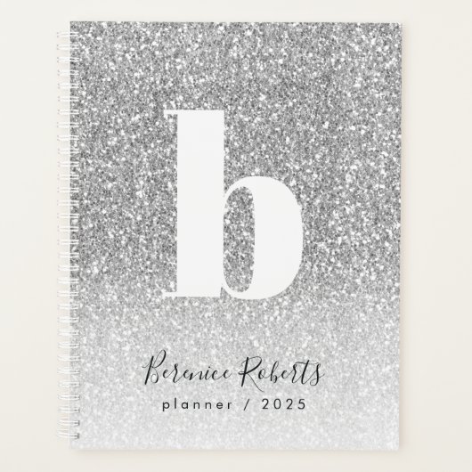 Silver Glitter Bold Typography Monogram Annual Planner (Voorkant)