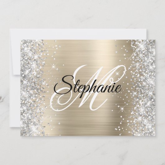 Silver Glitter Bord Gold Monogram 40e verjaardag Kaart (Achterkant)