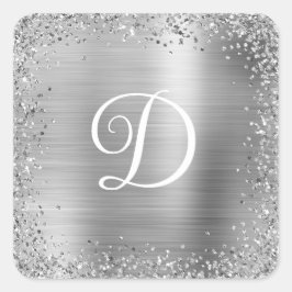 Silver Glitter Border and Folie Monogram Vierkante Sticker