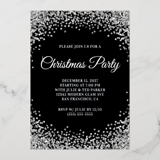 Silver Glitter Border Black Christmas Party Folie Uitnodiging (Voorkant)