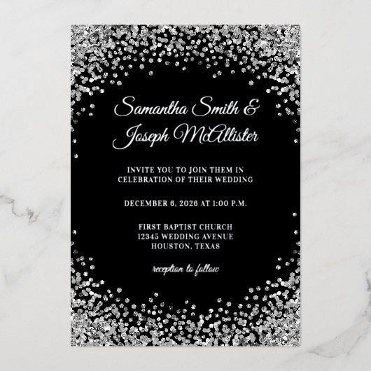 Silver Glitter Border Black Wedding Folie Uitnodiging (Voorkant)