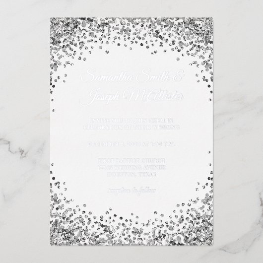 Silver Glitter Border Black Wedding Folie Uitnodiging (Voorkant)