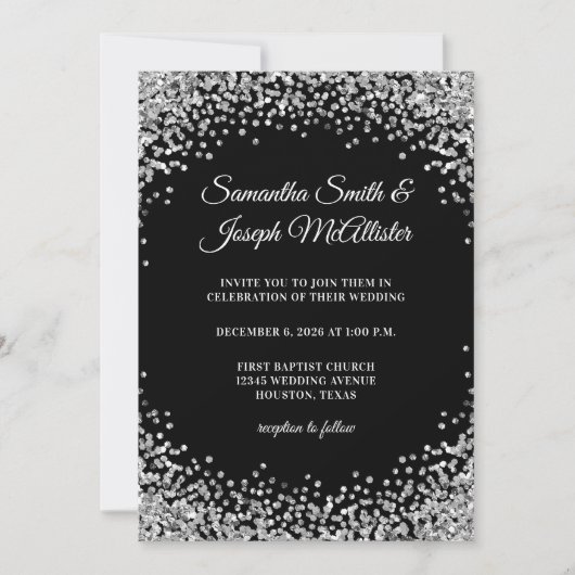 Silver Glitter Border Black Wedding Kaart (Voorkant)