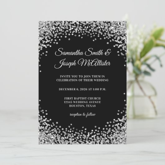 Silver Glitter Border Black Wedding Kaart (Staand voorkant)