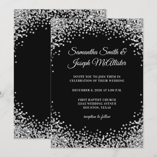 Silver Glitter Border Black Wedding Kaart (Voorkant / Achterkant)