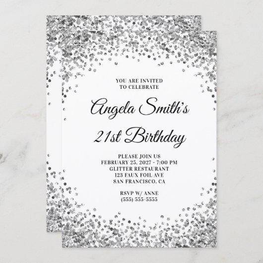 Silver Glitter Border White 21st Birthday Kaart (Voorkant / Achterkant)