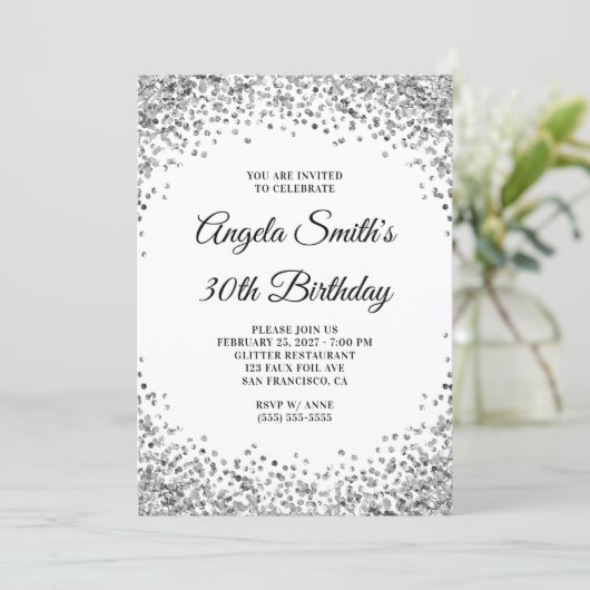 Silver Glitter Border White 30th Birthday Kaart (Staand voorkant)
