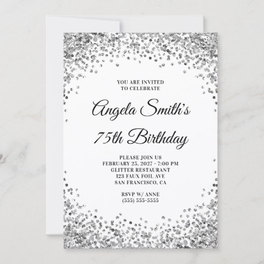 Silver Glitter Border White 75th Birthday Kaart (Voorkant)