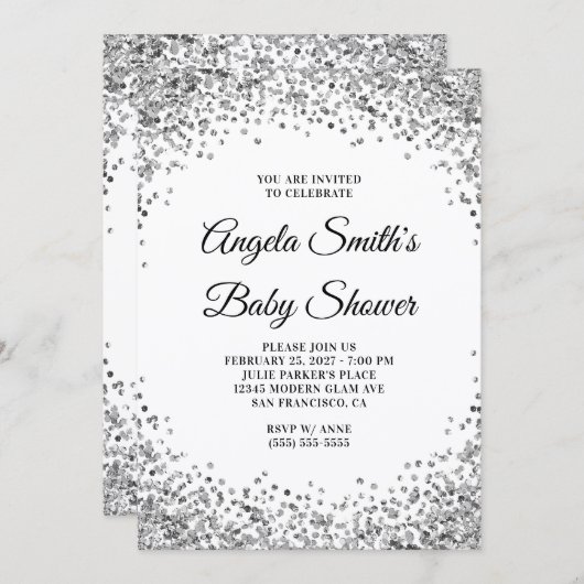 Silver Glitter Border White Baby Shower Kaart (Voorkant / Achterkant)