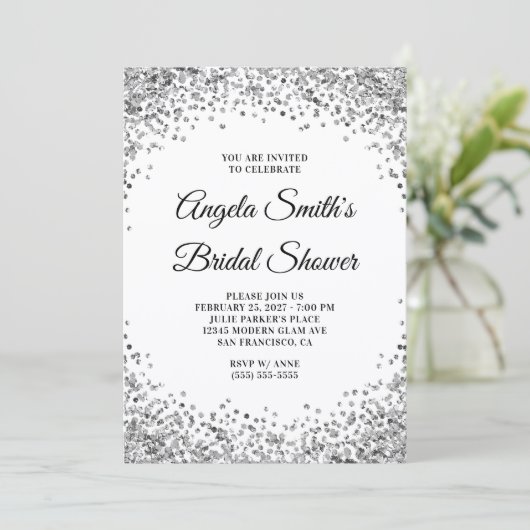 Silver Glitter Border White Bridal Shower Kaart (Staand voorkant)