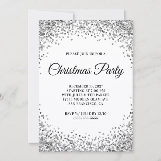 Silver Glitter Border White Christmas Party Kaart (Voorkant)