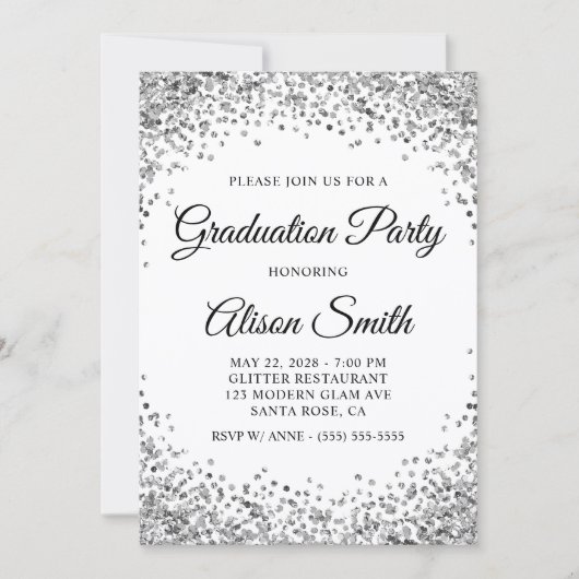 Silver Glitter Border White Graduation Party Kaart (Voorkant)