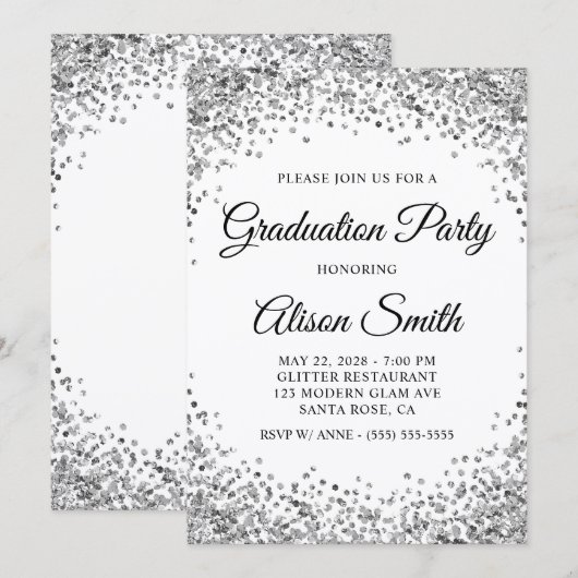 Silver Glitter Border White Graduation Party Kaart (Voorkant / Achterkant)