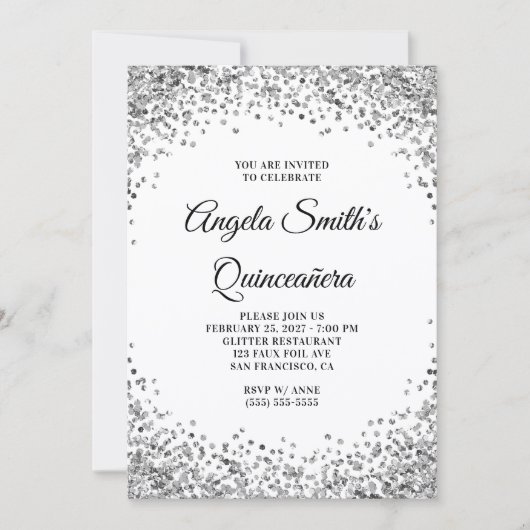 Silver Glitter Border White Quinceanera Kaart (Voorkant)