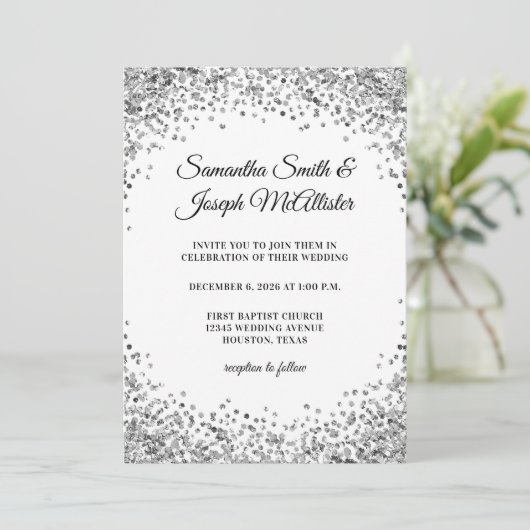 Silver Glitter Border White Wedding Kaart (Staand voorkant)