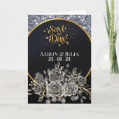 Silver Glitter Border Zwarte Rozen Bewaar de datum Kaart (Voorkant)