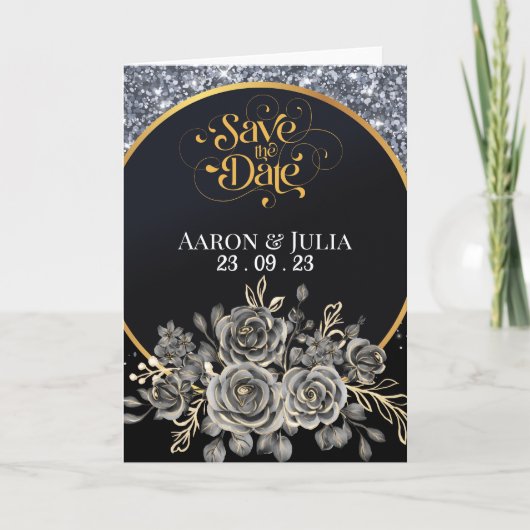 Silver Glitter Border Zwarte Rozen Bewaar de datum Kaart (Voorkant)