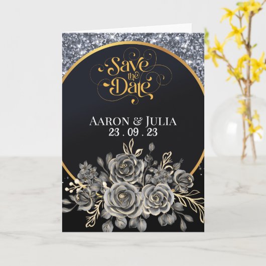 Silver Glitter Border Zwarte Rozen Bewaar de datum Kaart (Gele Bloem)