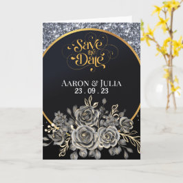 Silver Glitter Border Zwarte Rozen Bewaar de datum Kaart