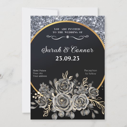 Silver Glitter Border Zwarte Rozen Kaart (Voorkant)