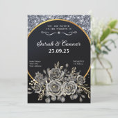 Silver Glitter Border Zwarte Rozen Kaart (Staand voorkant)