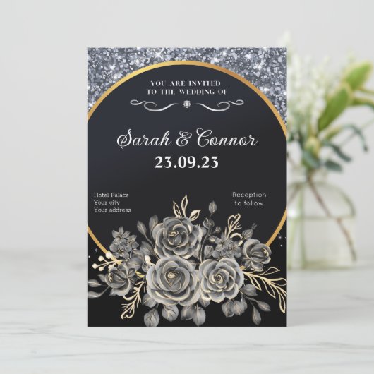 Silver Glitter Border Zwarte Rozen Kaart (Staand voorkant)