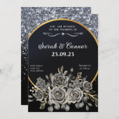 Silver Glitter Border Zwarte Rozen Kaart (Voorkant / Achterkant)