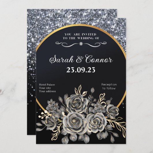 Silver Glitter Border Zwarte Rozen Kaart (Voorkant / Achterkant)