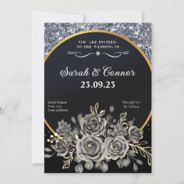Silver Glitter Border Zwarte Rozen Kaart