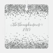 Silver Glitter Borders All is Bright Name Year Metalen Ornament (Achterkant)