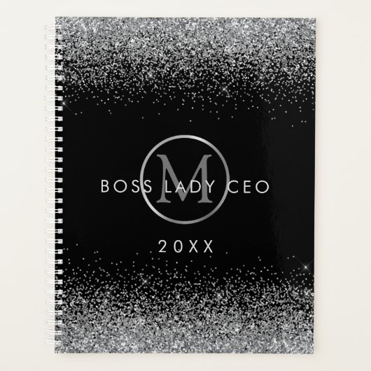 Silver Glitter Boss Lady CEO Monogram Planner (Voorkant)