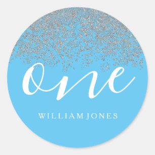 Silver Glitter Boys Blue 1e verjaardag Ronde Sticker