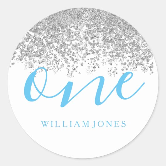 Silver Glitter Boys White Blue 1-jarig feestje Ronde Sticker (Voorkant)
