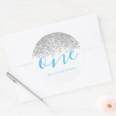 Silver Glitter Boys White Blue 1-jarig feestje Ronde Sticker (Envelop)