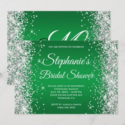 Silver Glitter Bright Green Ombre Fancy Monogram Kaart (Voorkant / Achterkant)