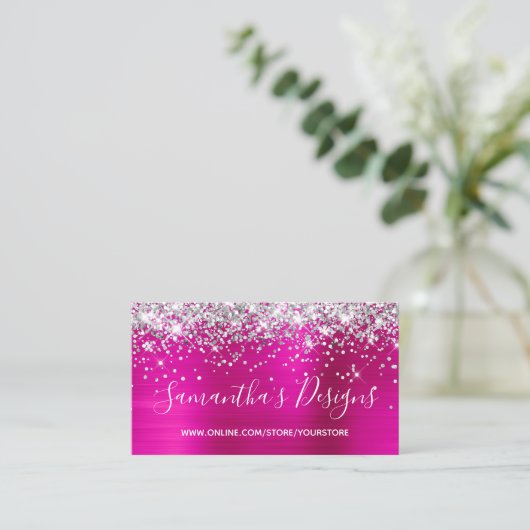 Silver Glitter Bright Hot Pink Folie Online Store Visitekaartje (Staand voorkant)
