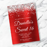 Silver Glitter Bright Red Folie Sweet 16 Kaart<br><div class="desc">Creëer je eigen stijlvolle 16e verjaardag viering uitnodiging voor je dochter. Decoratieve faux dunne zilveren glitterbeelden vormen een bovengrens. De digitale achtergrondkunst is voorzien van een glanzend heldere, heldere, rode folie in de vorm van geborsteld metaal. Pas de de uitnodigings witte tekstkleur of doopvontstijlen aan. De tekst "Sweet 16" is...</div>