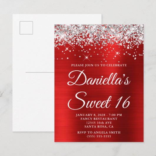 Silver Glitter Bright Red Folie Sweet 16 Uitnodiging Briefkaart (Voorkant / Achterkant)