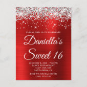 Silver Glitter Bright Red Folie Sweet 16 Uitnodiging Briefkaart (Voorkant)